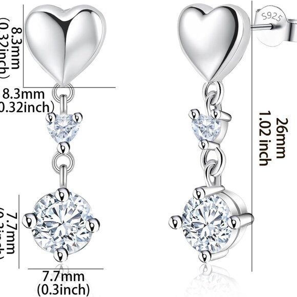 Sterling Silver Heart Dangle Earrings with Cubic Zirconia for Women, Lightweight - Picture 6 of 6